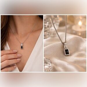 Vintage Liz Claiborne silver tone necklace w/geometric pendant, glossy-stones 🖤🤎